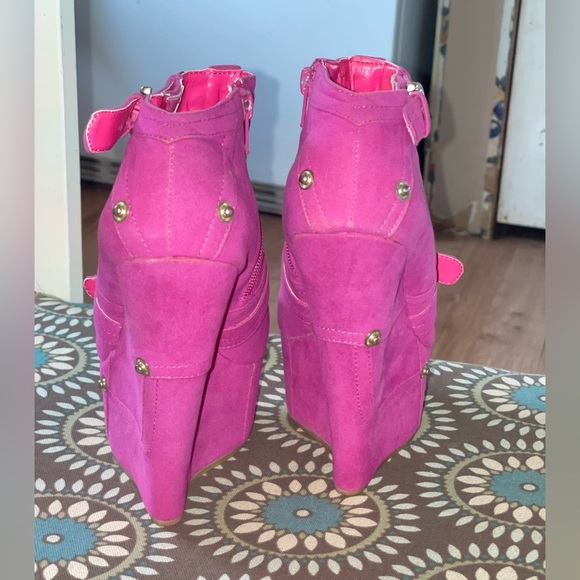 Machi Pink Suede Buckle Platform Booties - Picture 4 of 13